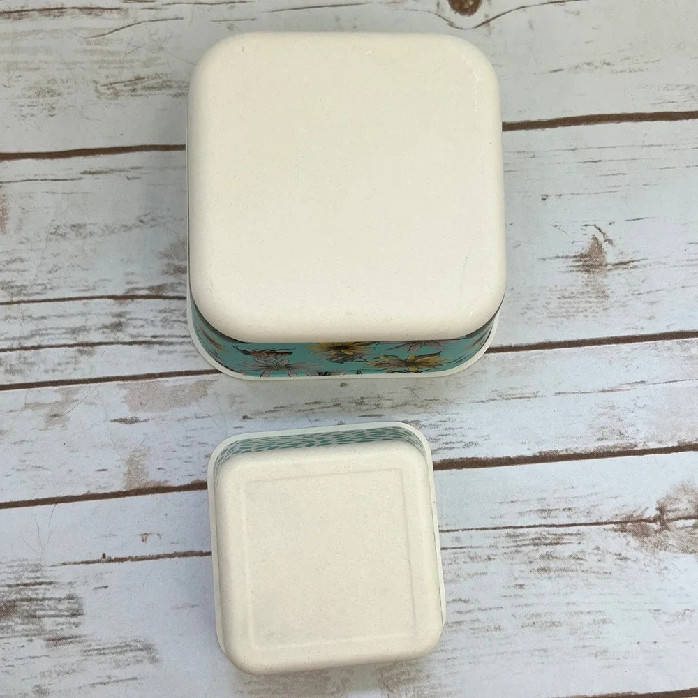Bamboo‎ Fiber Nesting Bowls Teal Floral Bee Leaf Print Set of 2 S/M